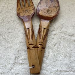 VTG MCM Tiki Carved Wood Fork & Spoon Wall Decor 12”