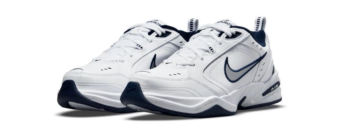 Nike AIR MONARCH IV Men White Blue 102 Walking Shoe Medium & WIDE WIDTH 4E EEEE.
