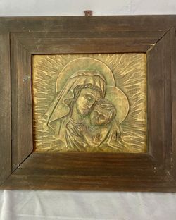 Vintage Wood Carved Retablo of Blessed Mother Mary,  Baby Jesus