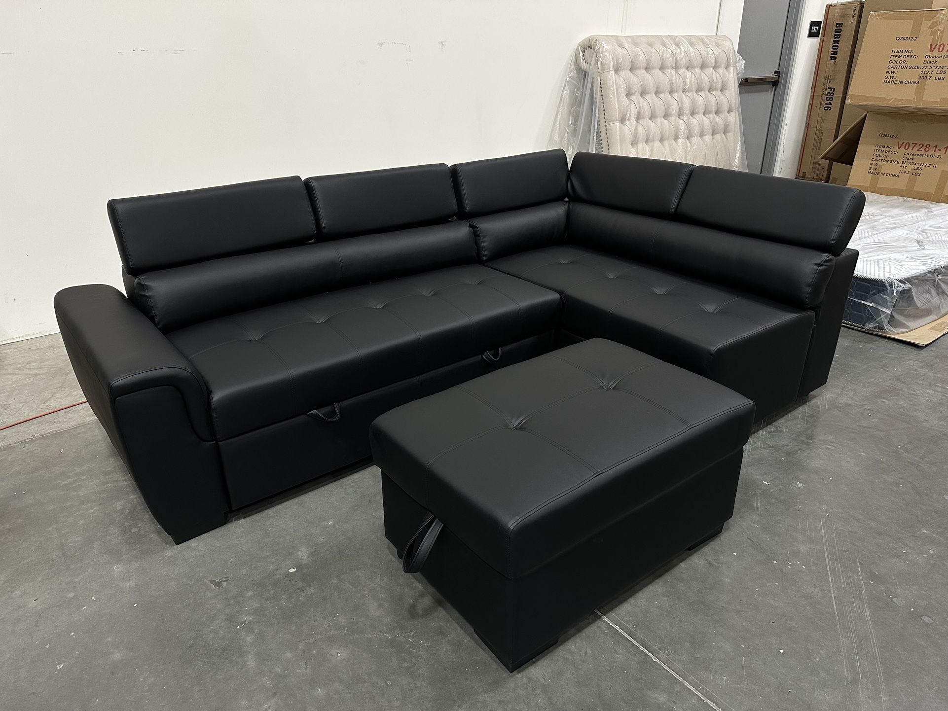 New! Contemporary Black Sectional, Black Faux Leather Sofa, L-Shaped Sofa With Pull-out Bed, Sofabed, Sectional Sofa Bed, Black Couch, Leatherette Sof