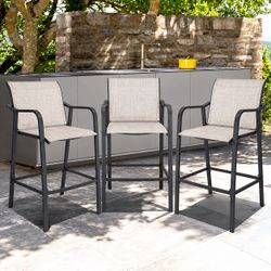 Metal Outdoor Bar Stool in Gray with Steel Frame and Fast-Dry Fabric Bar Chairs with Footrest for Poolside (3 pack)