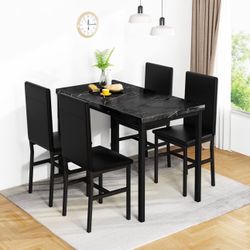 AWQM Faux Black Marble Dining Table with 4 Upholstered Chairs, 5-Piece Dining Room Table Set for Small Space, Breakfast Table Bar Table an