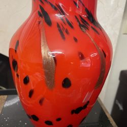 Mid Century Hand Blown Red Black Abstract Vase 11”T