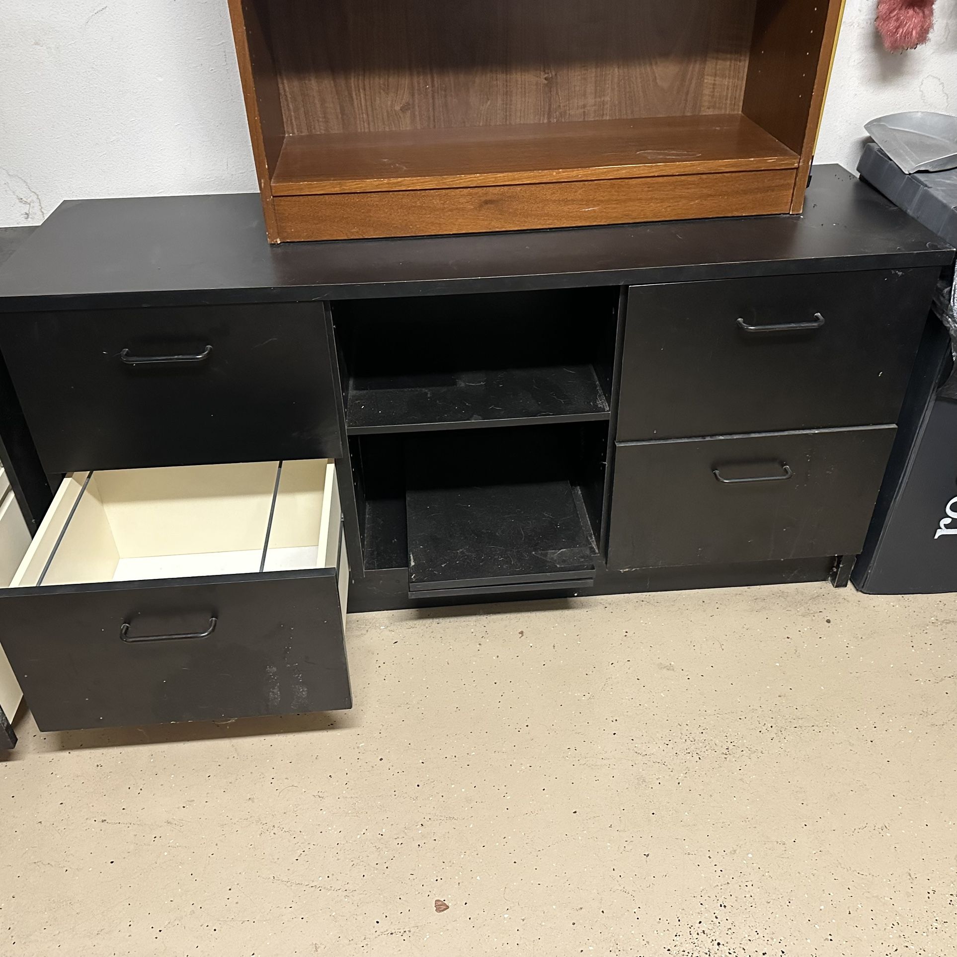 Corner Desk, Credenza, and filing cabinets