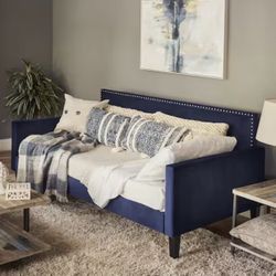 Navy Blue Velvet-Like Fabric Twin Daybed with Nailhead Trim