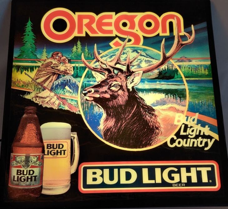 Vintage 1980's Bud Light - Lighted Beer Bar Sign Oregon Elk Country Budweiser Advertising