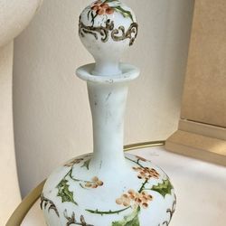 Vintage Floral Hand Painted Milk Glass Vanity Perfume Bottle Decanter