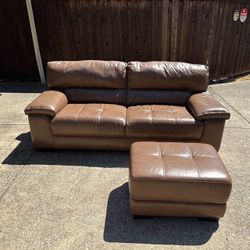 Beautiful Faux Light Brown Leather Couch W/ Ottoman - Chateaud’Ax Sofa-Good Cond