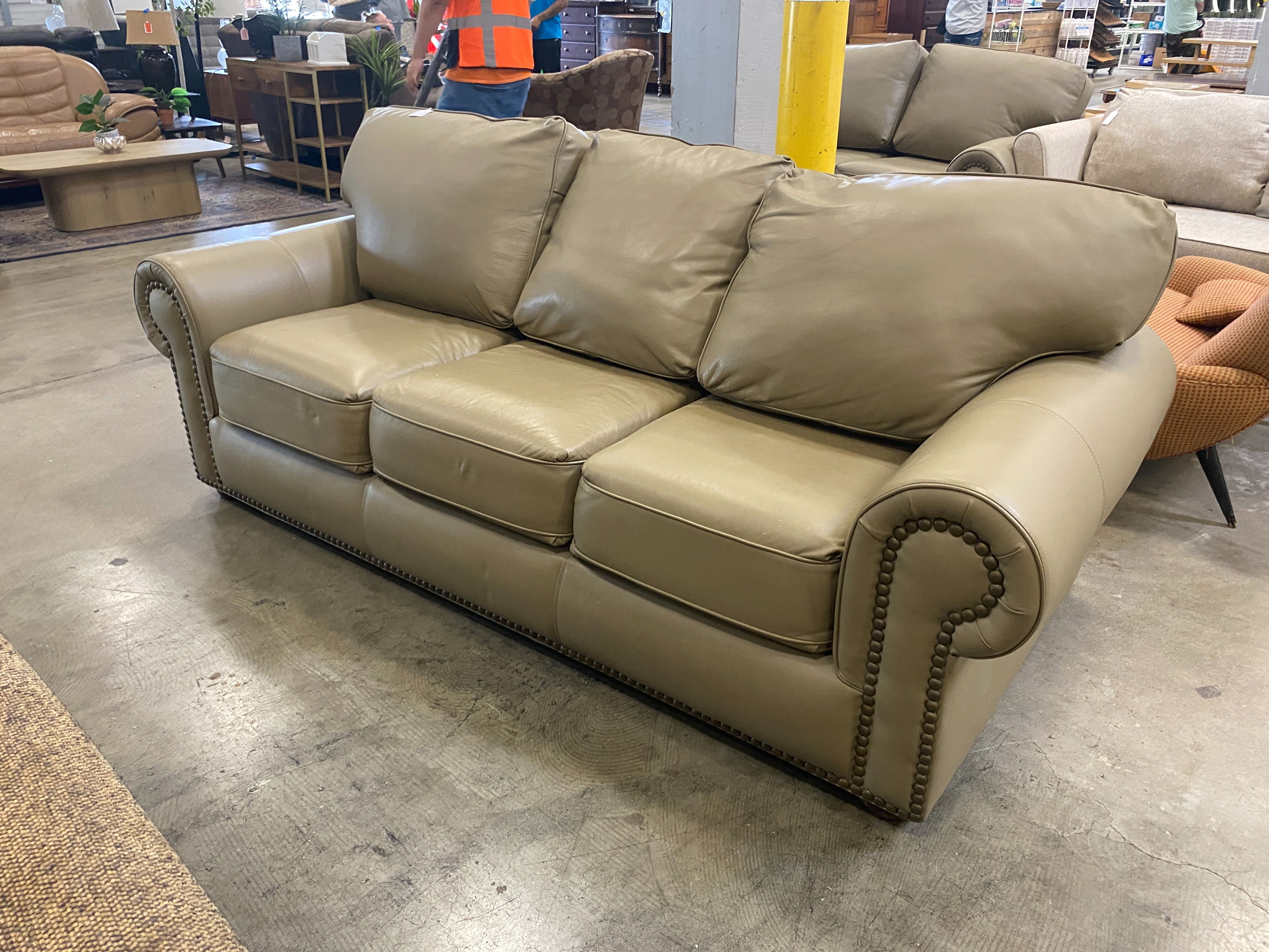THE LEATHER FACTORY Light Khaki Studded Roll Arm Sofa
