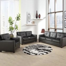 Modern Style Black Leather Three Piece Couch Set
