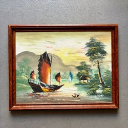 One Framed Oil Painting Asian Junk Boats Landscape