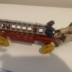 Cast Iron Horse Drawn Toy Fire Truck Hook & Ladder 9 1/2" Long