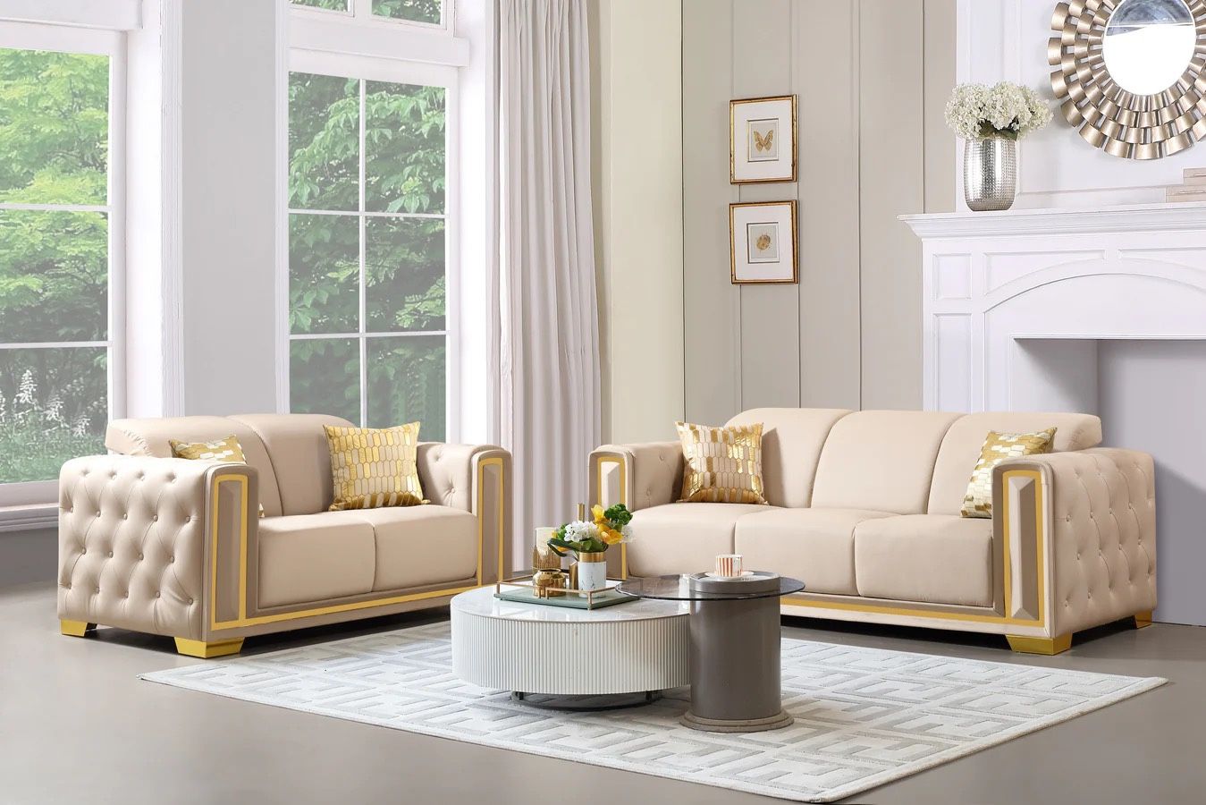New Cream Leather Sofa Set with Gold Trim
