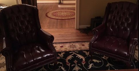 Office desk, chair and two side chairs