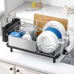 Stainless Steel Dish Drying Rack - Large Capacity Kitchen Counter Organizer with Drain Board, Utensil Holder & Detachable Cup Shelf, Surgical-Grade Ru