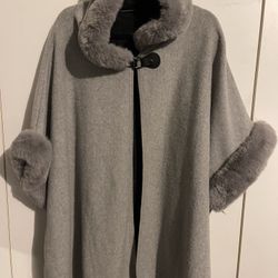 Wool Poncho With Faux Fur Trim 33 Inches