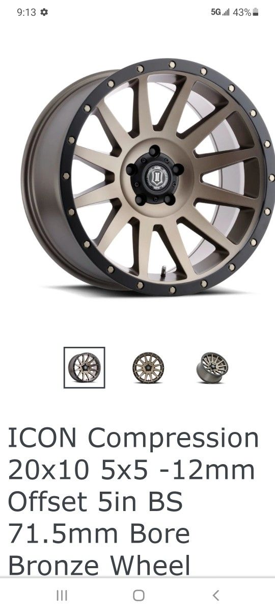 Jeep Wheels 20x10 Icon Compression Bronze 4new$1000