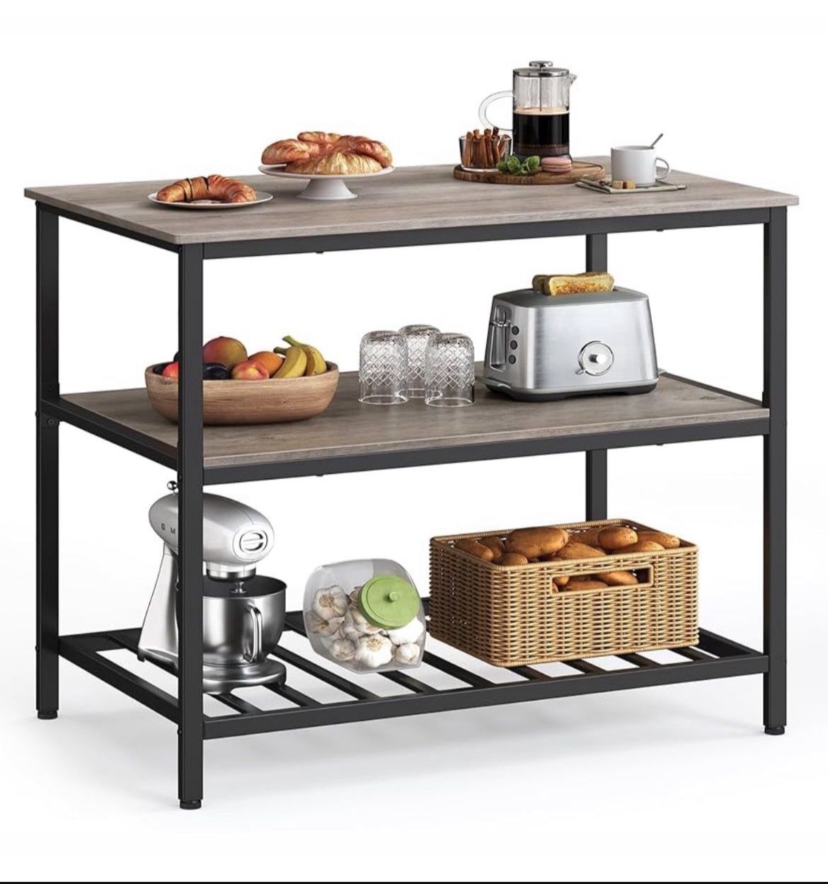 Kitchen Island with 3 Shelves, 39.4 Inches Width Kitchen Shelf with Large Worktop, Stable Steel Structure, Industrial, Easy to Assemble, Greige and Bl
