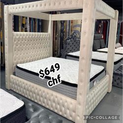 Ivory velvet platform king canopy bed frame 