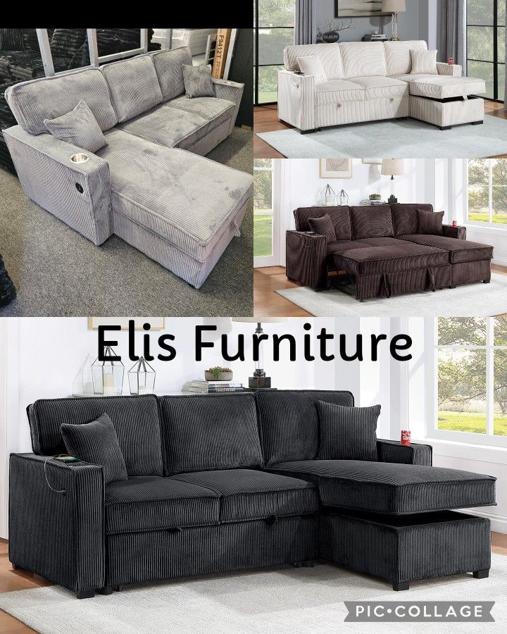 Brand New Pull Out Bed With Storage Chaise USB OUTLET$469