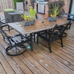 Very Large Rectangle Solid Stone Patio Table With 4 Aluminum Chairs
