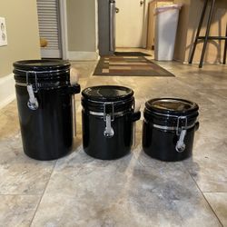 Ceramic Canister (3) piece set with Clamp Top Lid and Wooden Spoon. 