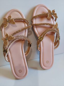 Pink Flat Sandals with Gold Rhinestone Straps