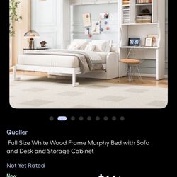  Full Size White Wood Frame Murphy Bed with Sofa and Desk and Storage Cabinet