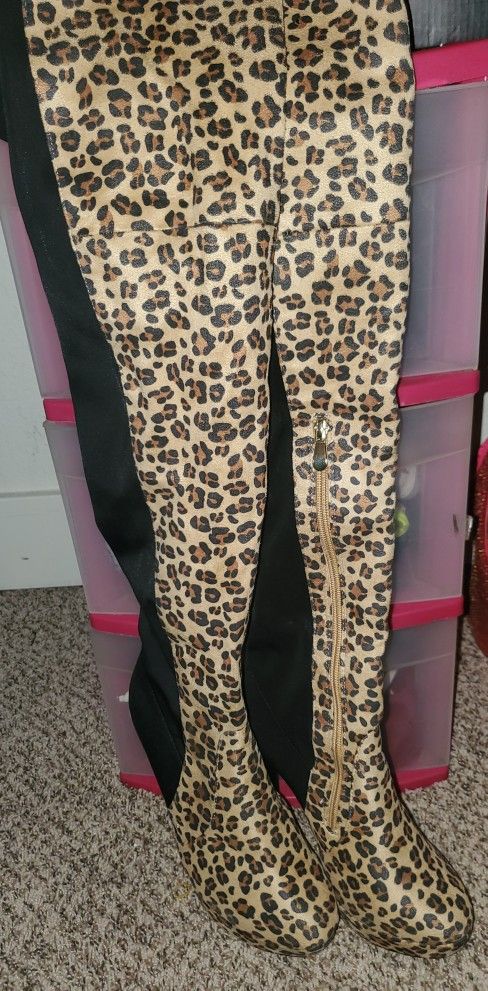 Leopard/Black Thigh High Boots