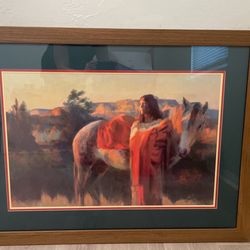 Indian with horse picture in wooden frame