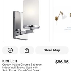 KICHLER Crosby 1-Light Chrome Bathroom Indoor Wall Sconce Light with Satin Etched Cased Opal Glass Shade