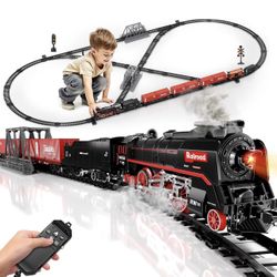 Large Train Set with Remote, 3Way Smoke, Light and Sound, Boy Gift Electric Trains Toys, Realistic Locomotive, 5 Rolling Stock, Track Playset, Model R