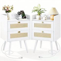 2 Nightstands with Charging Station, Boho Rattan Bedside Tables with Drawer & Shelf WHITE