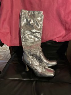 Silver Metallic Knee-High Heeled Boots Size 42