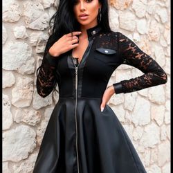 MEDIUM Women's Pu Leather Midi Dress V Neck Long Sleeve Zipper Pocket Slim Fit Dress Fall Winter Outfit