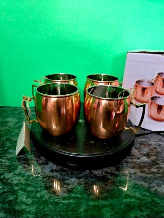 Set Of 4 Barrel Copper Moscow Mule Mug Handmade of 100% Pure Copper Nickel Lined Brass Handle
