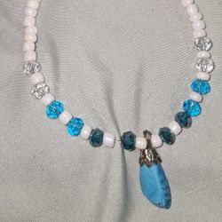 Handmade White And Blue Beaded Bracelet With Turqoise