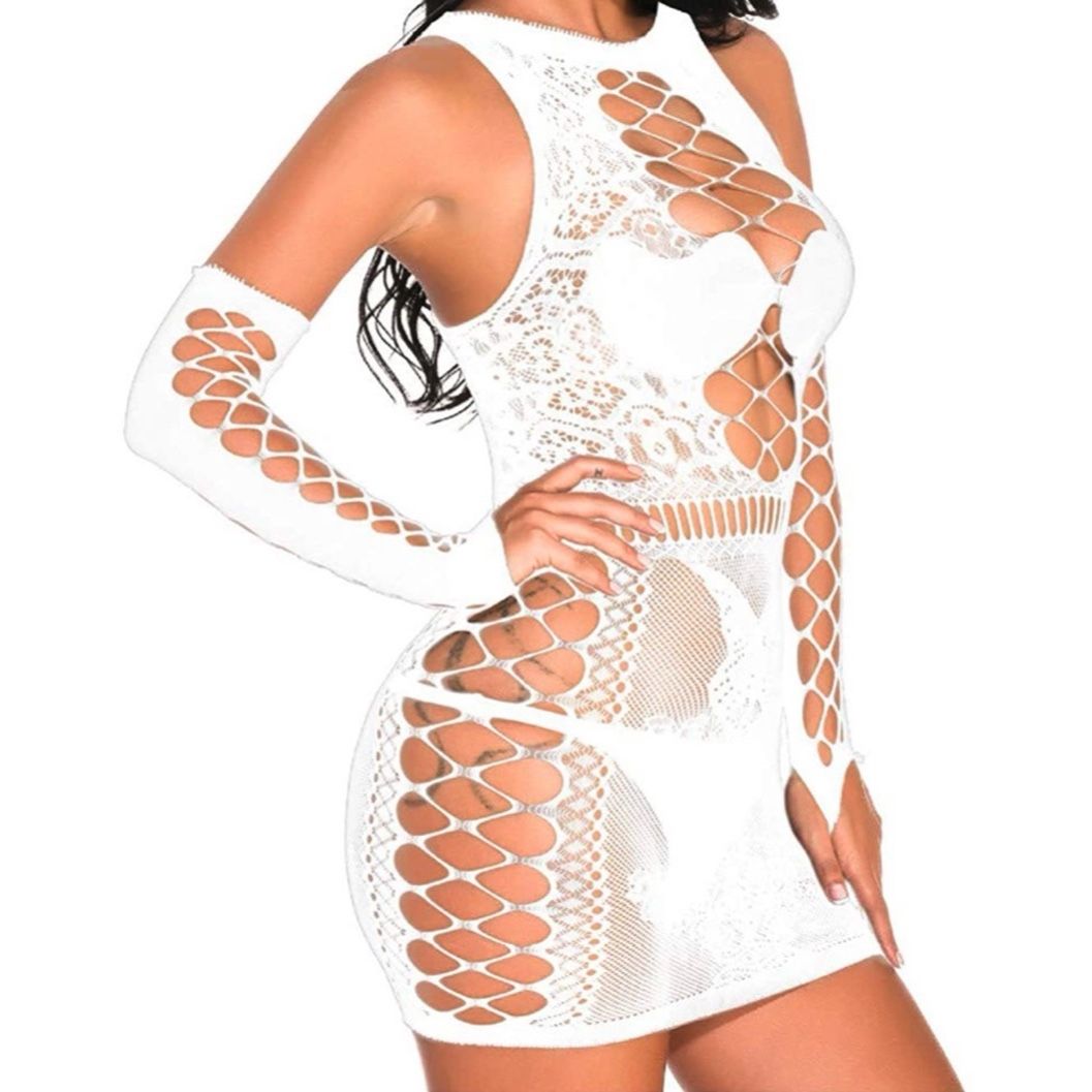 Women’s Fishnet Lingerie Babydoll Mesh Hole Chemise Babydoll Sleepwear Mini Dress One Size