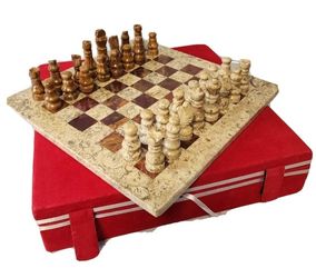 Marble Onyx Chess Set 12 inch Coral & Red Gift Box Case New