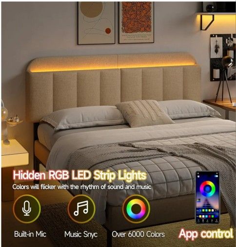 Headboard for Full/Queen Size Bed Frame, Linen Fabric Bed Headboard with Storage & RGB LED Light in Modern Vertical Channel Design, Beige
