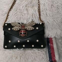 GUCCI Black Leather Pearl Studded MinI BEE Shoulder Bag

