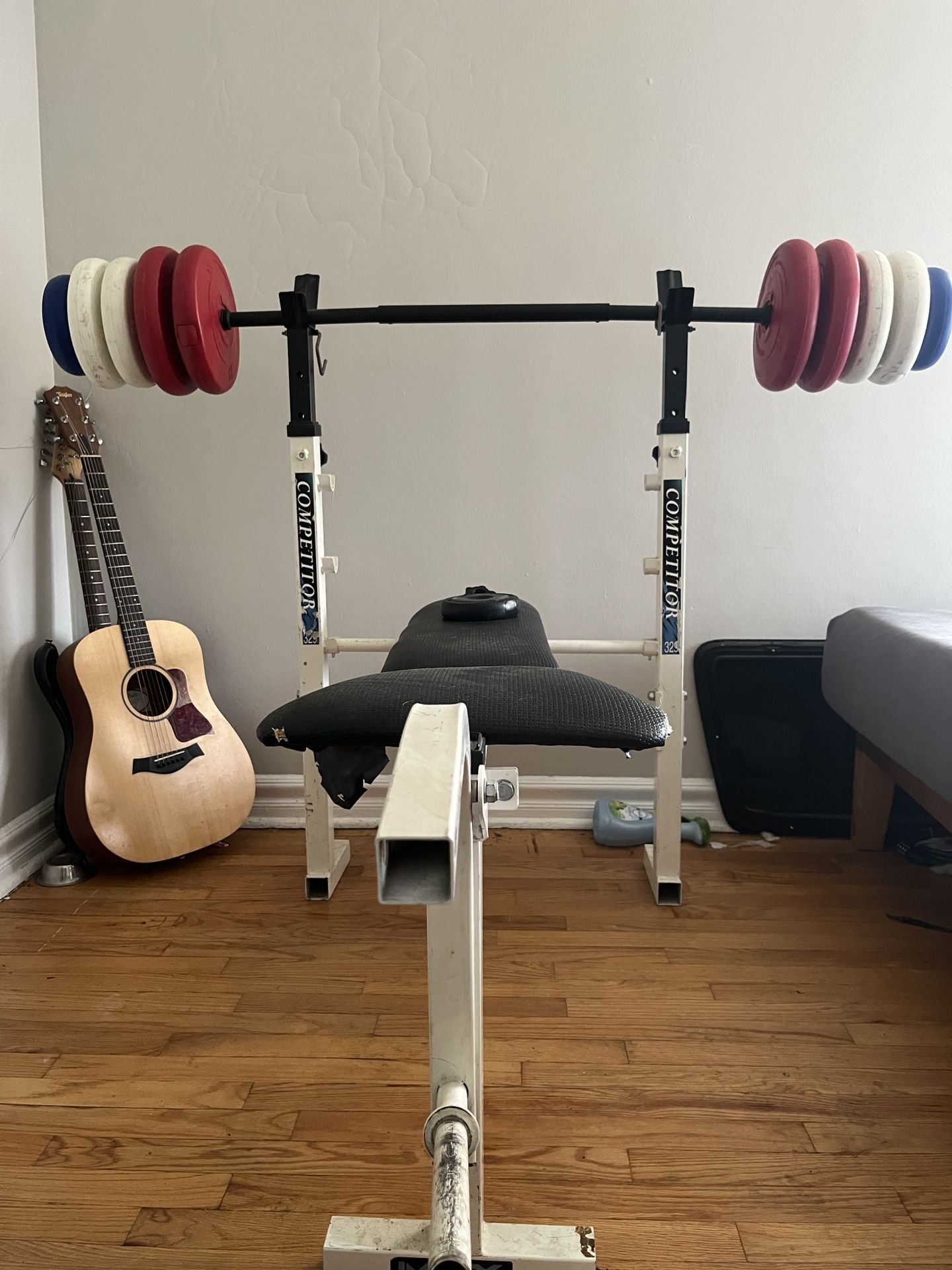 Weight Bench, Bar, And Weights