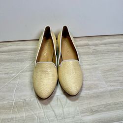 Jack Rogers Woven Raffia Loafers Tan White Trim Pointed Toe Flats size 6