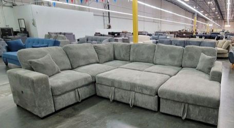 ✅️✅️4 pc  Grey  corduroy fabric sectional sofa with storage chaise and love seat and pop up sleep area in center USB charging✅️✅️