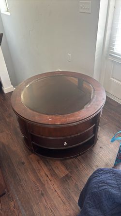 Round Wood Coffee Table with Glass Top