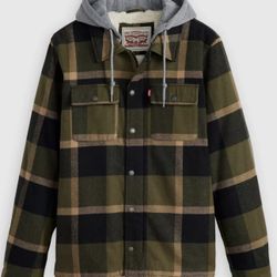 Levi’s Men’s Cotton Plaid Sherpa Lined Shacket W/Hood Green Plaid Size XL NWT