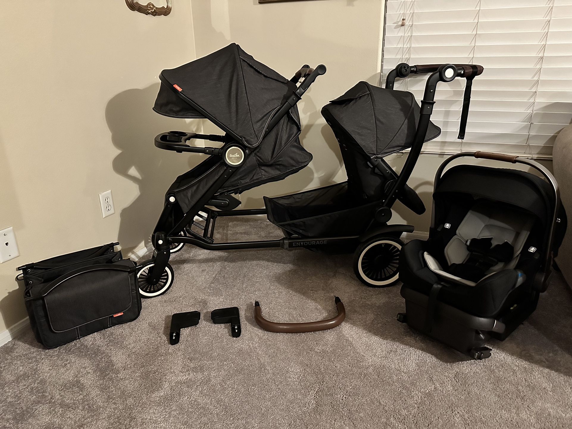 AUSTLEN ENTOURAGE DOUBLE STROLLER SET INCLUDING NUNA CAR SEAT - Main Image