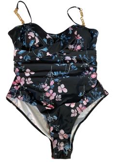 Blue floral one piece swimsuit with pink and white flowers and gold chain straps accents , size 2XL