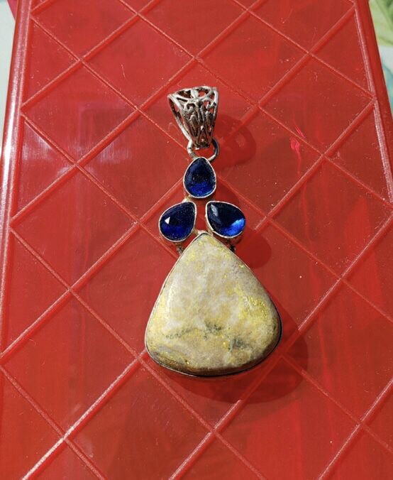 Bumblebee Jasper Soft Triangle Sterling Silver Pendant w Blue Accent Stones