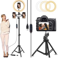 Selfie Ring Light with 82" Stand and 3 Phone Holders, Circle Light 10" Led Ring Light Tripod with Ultra-Wide Lighting Area for Camera Photography/Vide